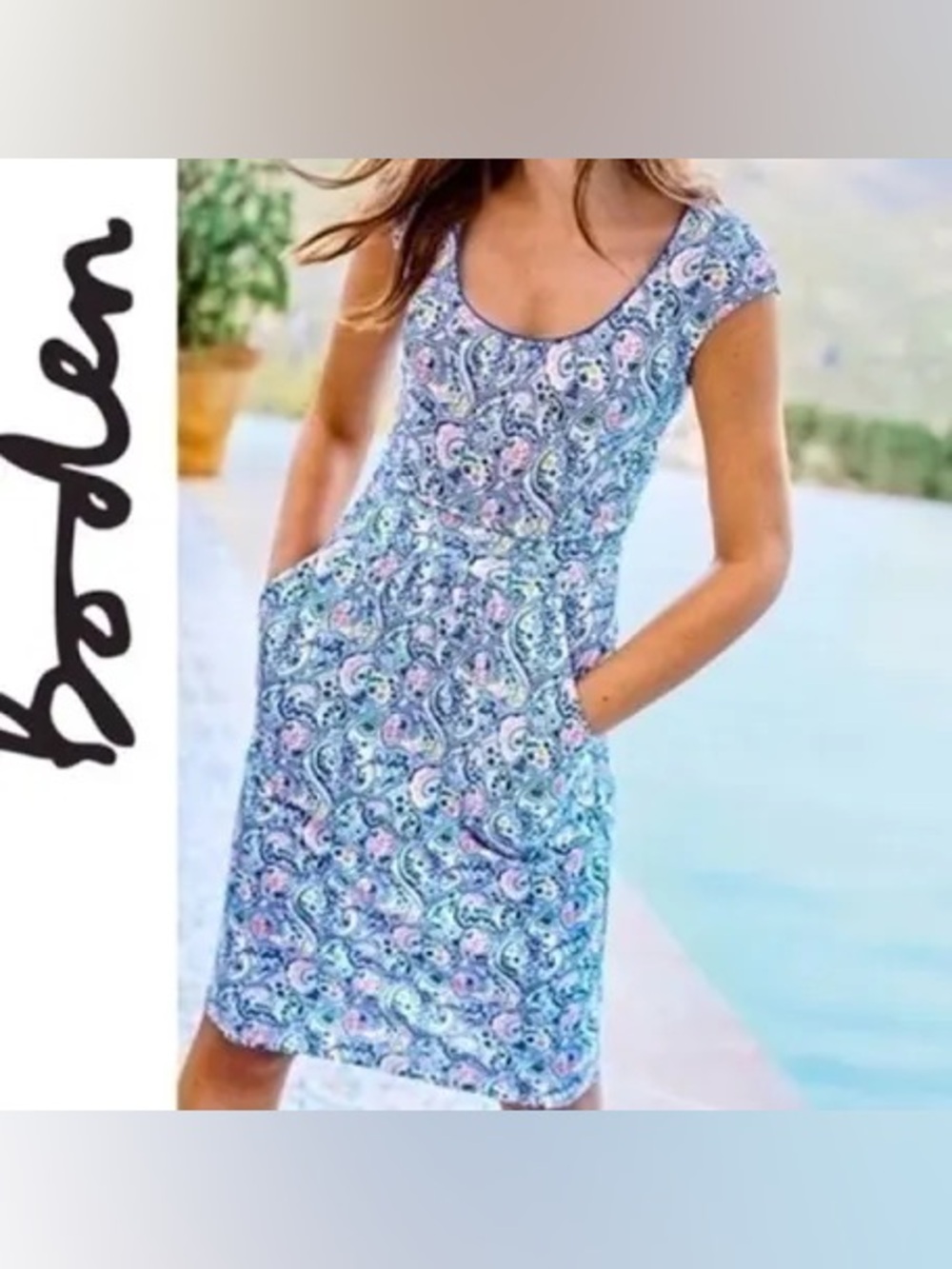 Boden Margot Jersey Paisley Floral Cap Sleeve Dress Pockets US 4 UK 8